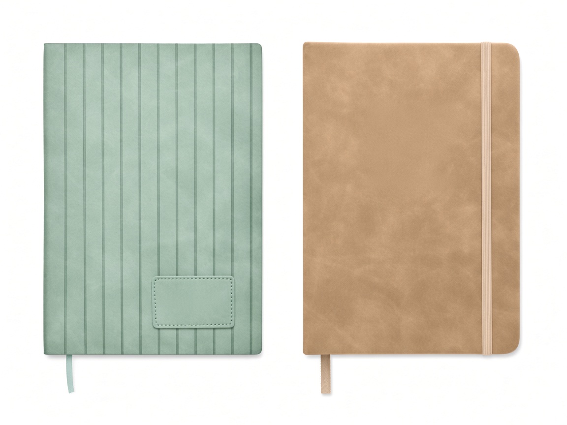 A5 soft-touch notebooks in mint ribbed and tan smooth finishes