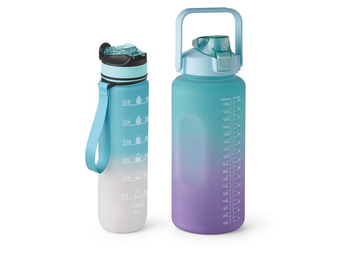Sports water bottles in RPET, 1 litre and 2 litre motivational bottles