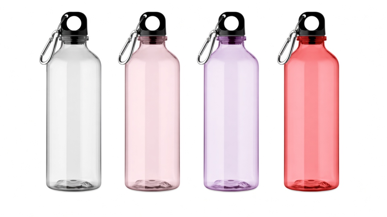Drinking bottles in RPET with carabiner in clear, pink, purple, and red