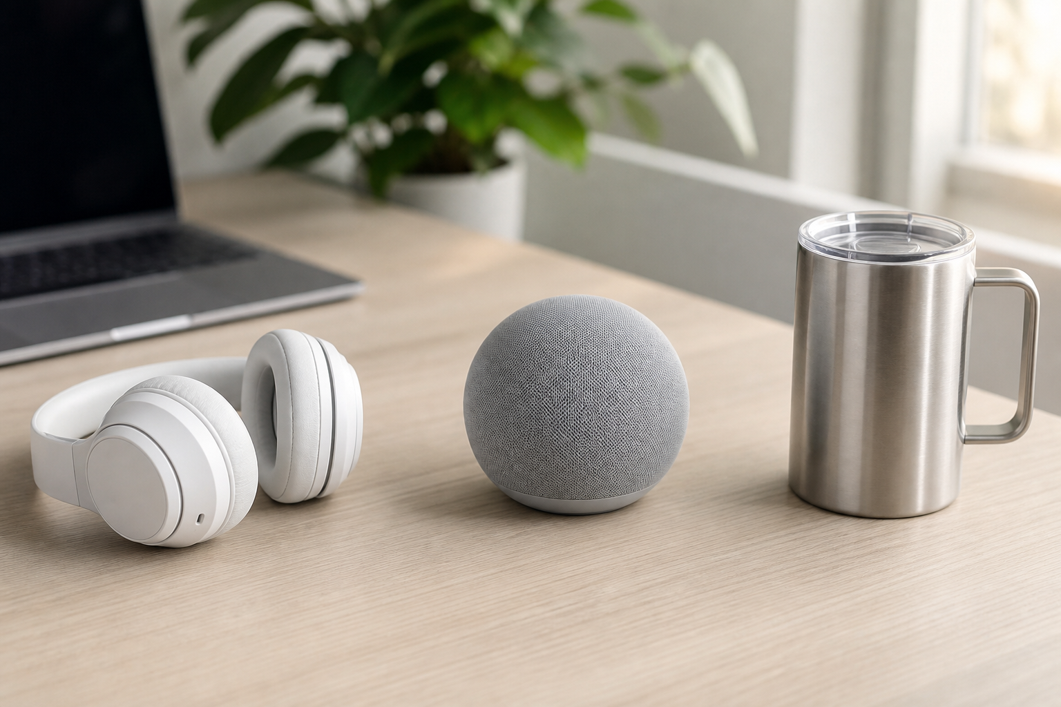 Office desk with headphones, wireless speaker, and travel mug