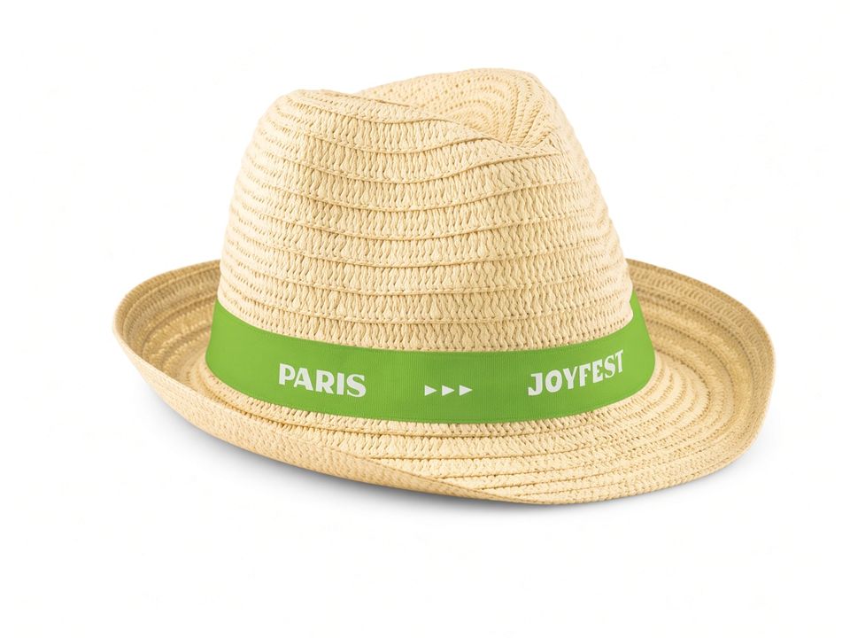 Paper straw hat with coloured polyester band