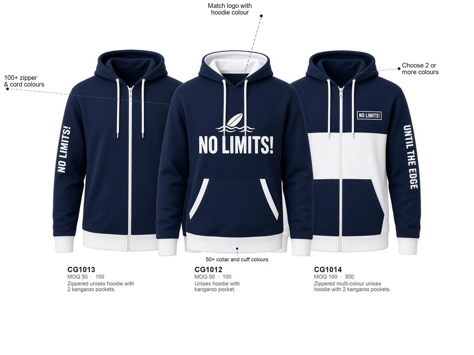 Custom hoodies in navy, white, and mixed colour designs