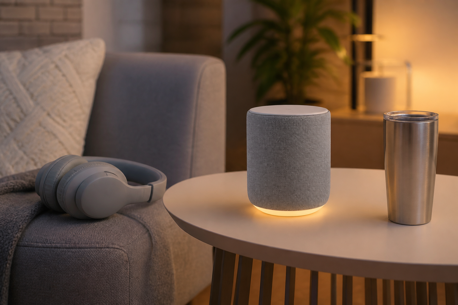 Lounge setting with headphones, charging speaker, and tumbler
