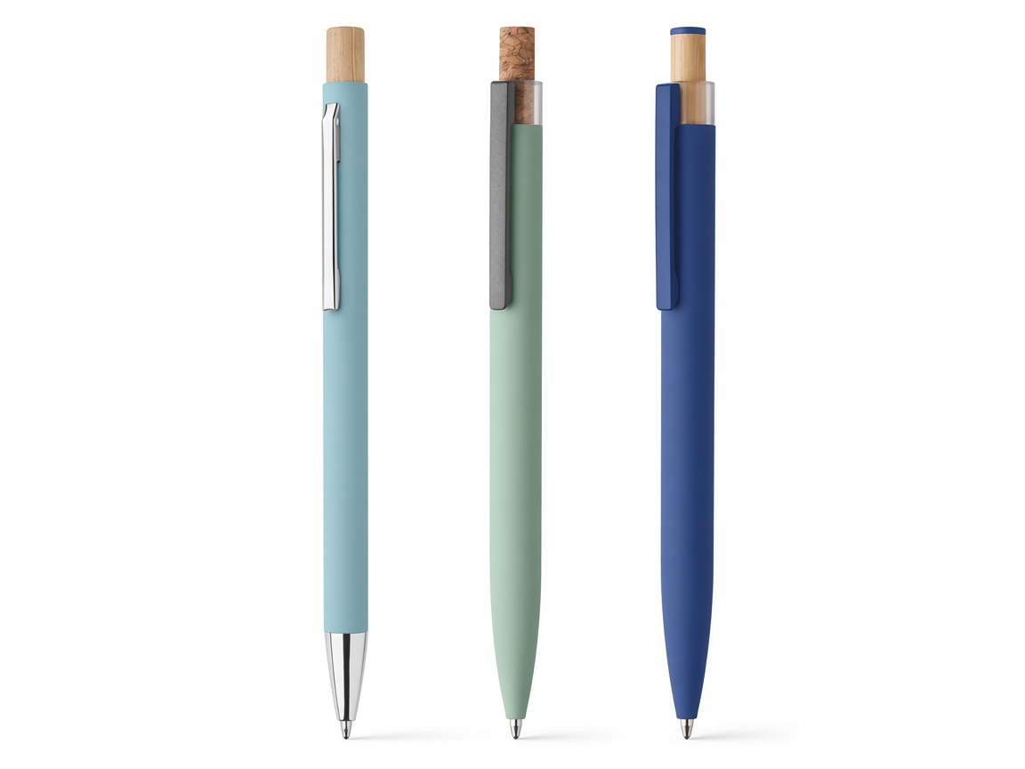 Recycled aluminium push ball pens in blue, mint, and navy