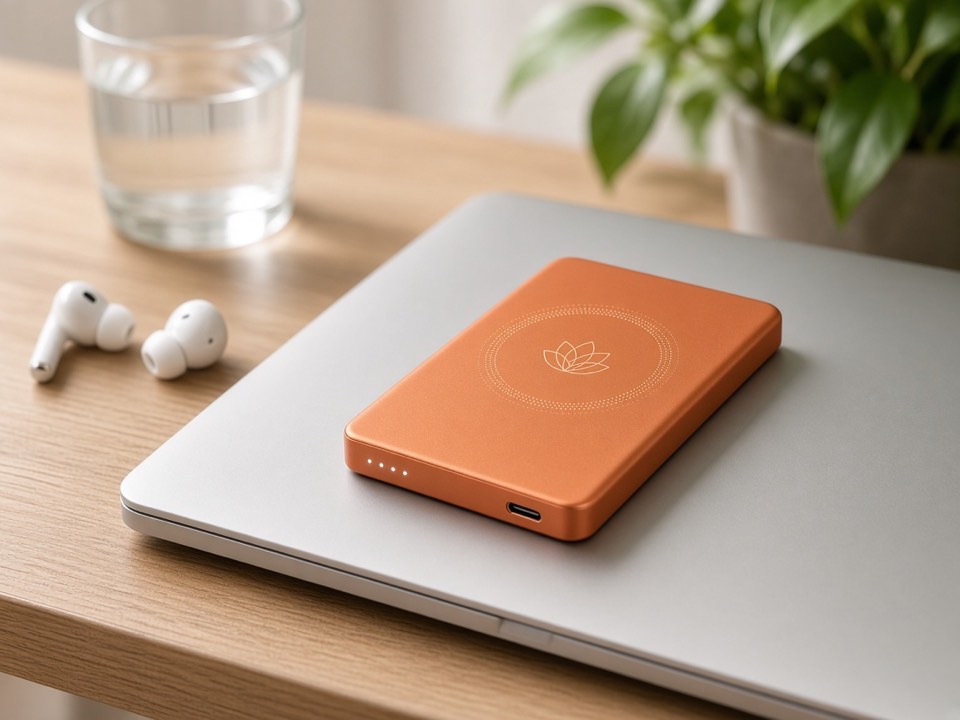 Magnetic wireless charger on a laptop, wireless earbuds beside it