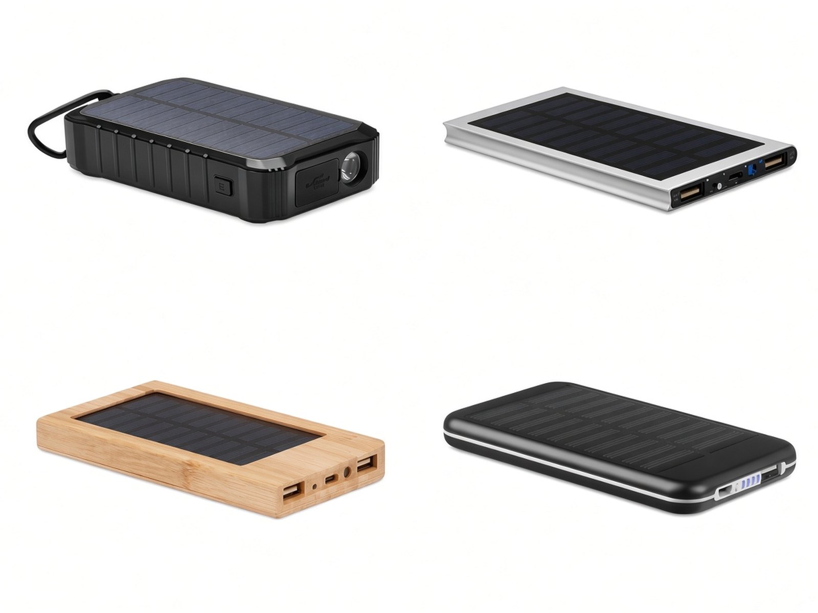 Four solar power banks on a white background