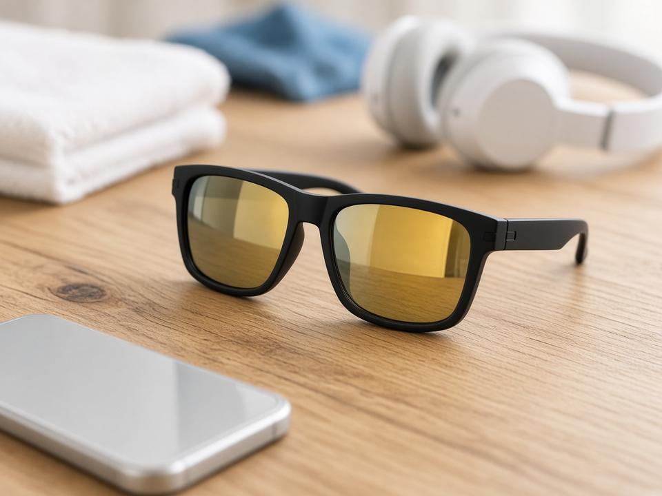 Matte sunglasses on a wooden table with headphones and a phone