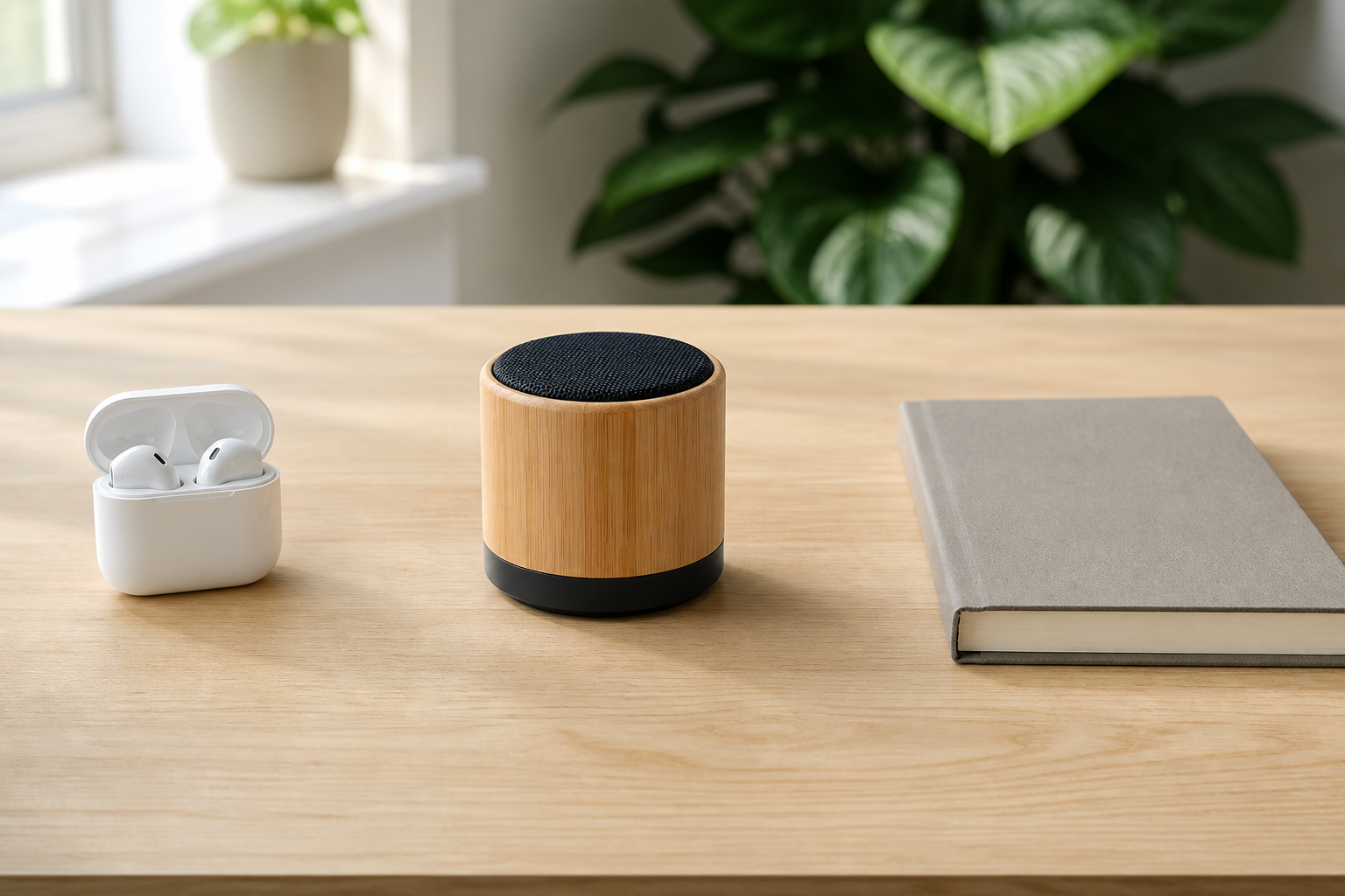Bright desk with bamboo speaker, earbuds case, and notebook