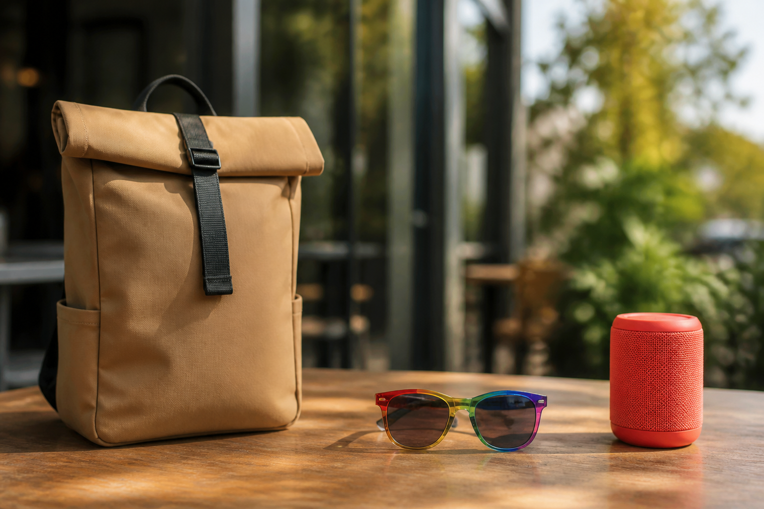 Outdoor table with roll-top backpack, sunglasses, and portable speaker
